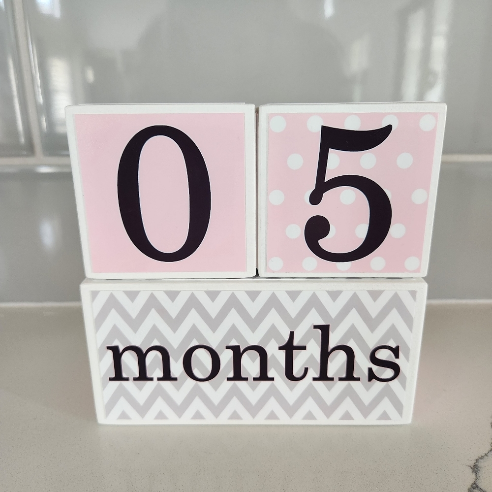 Baby age blocks, pink white & gray